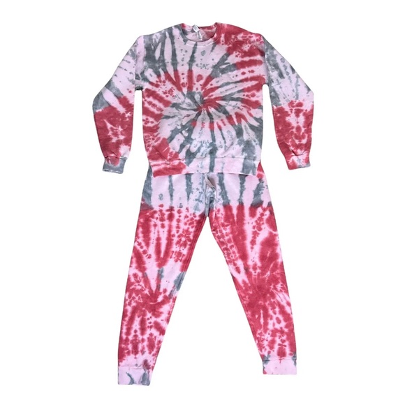 Joggers Sweatsuit Set Tie Dye Red(pink)& Gray Unisex Small(W 4-6) - Picture 2 of 4